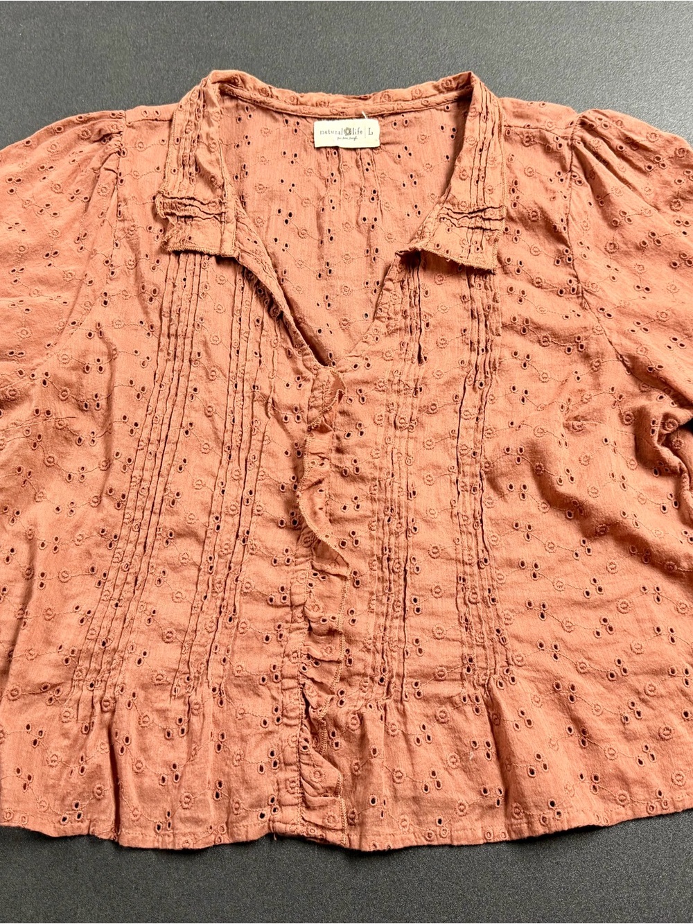 NATURAL LIFE Rust Eyelet Ruffle Pintuck Blouse washed but never worn